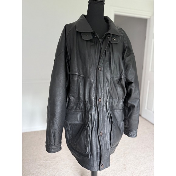 Vintage Leather trench coat Jacket Full Zip Button Up Black Men L Stratojac - Picture 1 of 14